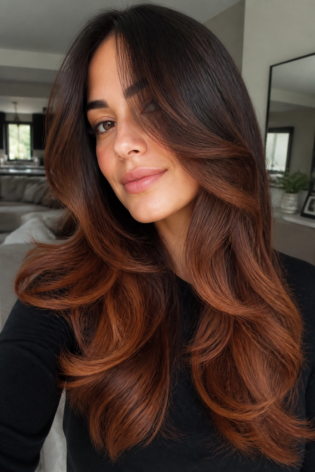 Close-up of a real woman with a butterfly cut and auburn balayage