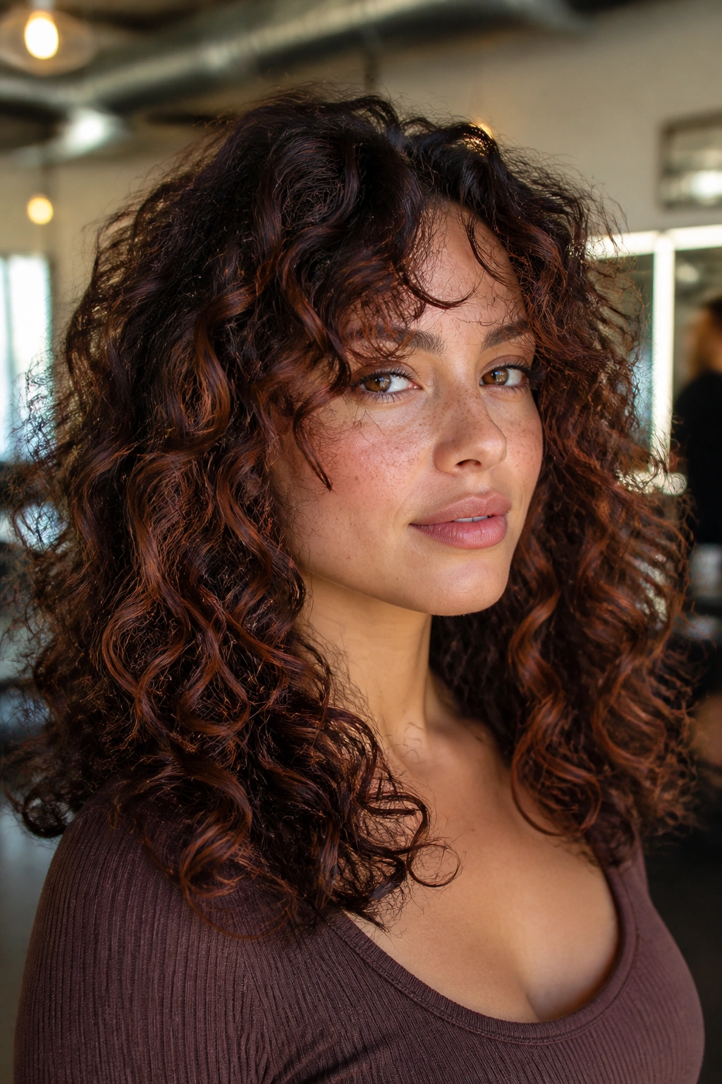 Close-up of a real woman with curly hair featuring Auburn Balayage on Curly Hair