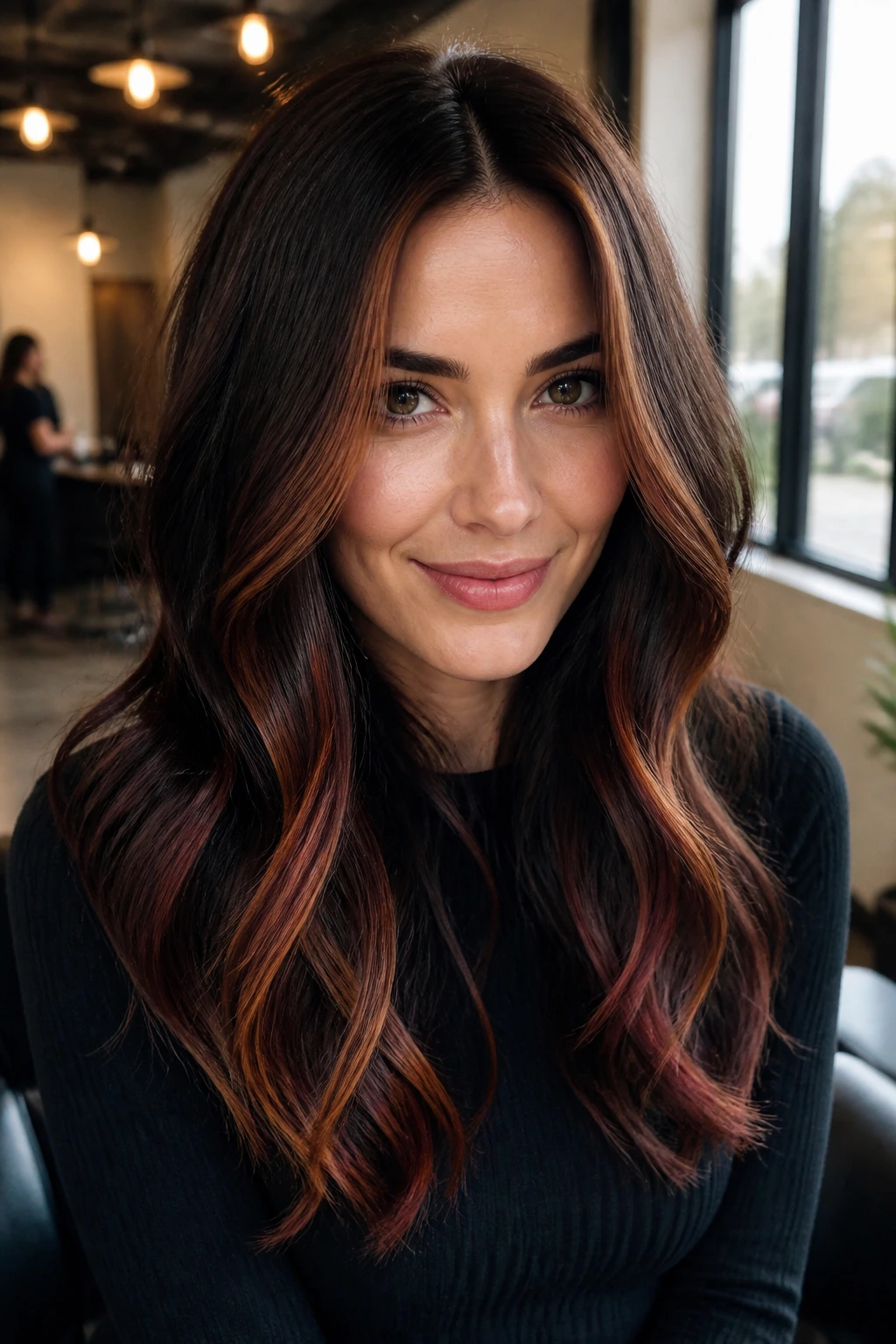 Close-up portrait of a real woman with auburn balayage on dark brown hair