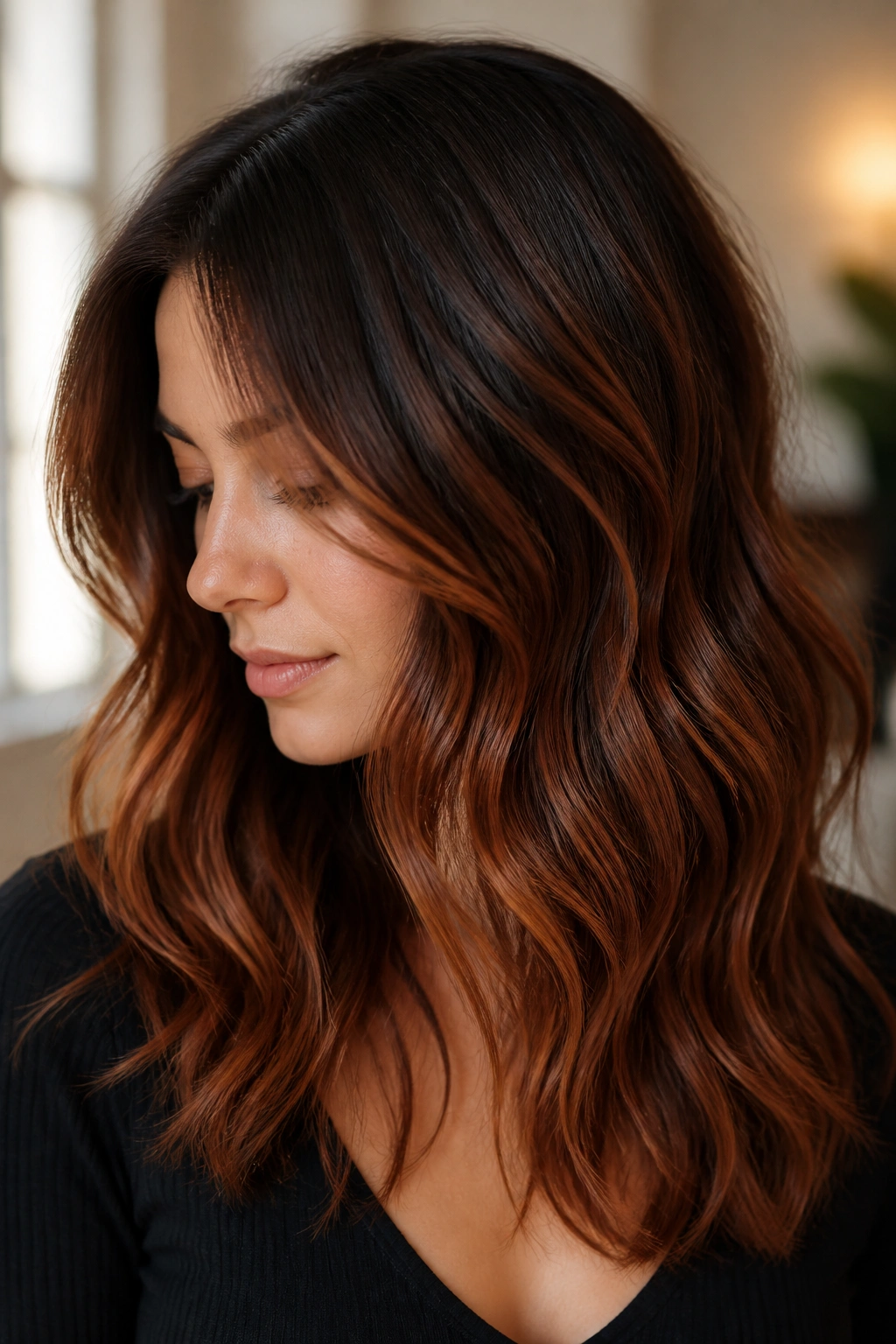 Close-up of dark chocolate brown hair with soft copper auburn balayage highlighting the ends