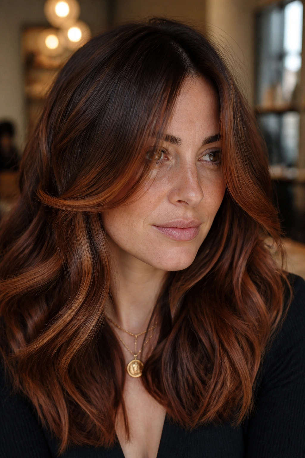 Close-up portrait of a real woman with auburn face-framing layers around the cheeks