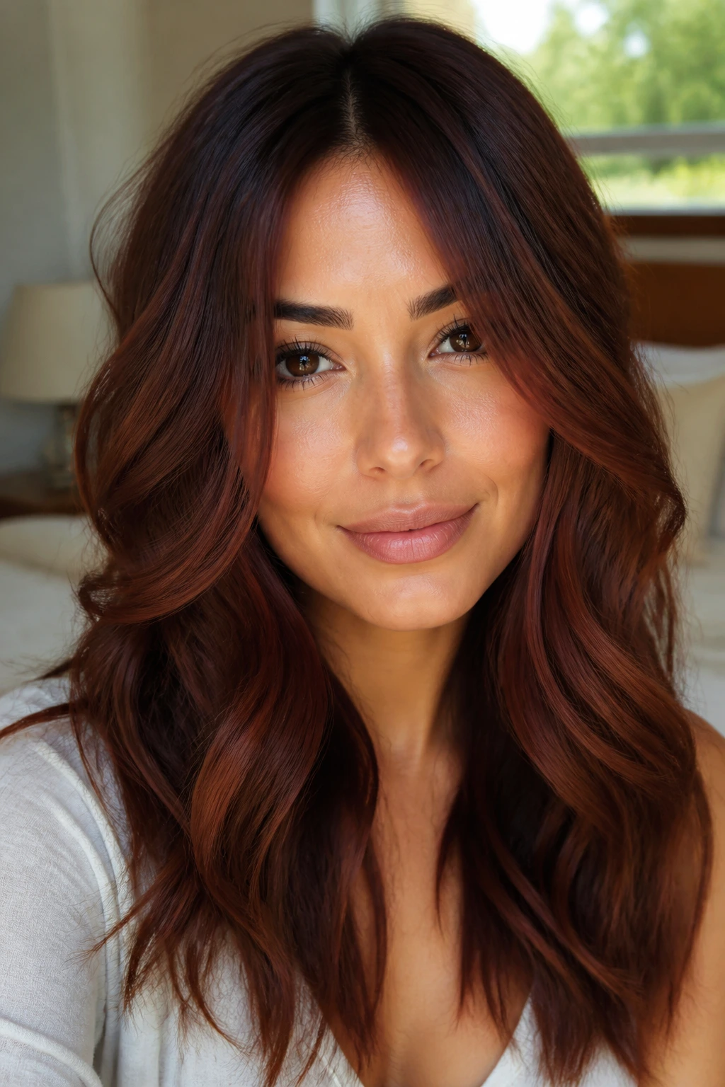 Close-up of a real woman's hair showing Auburn Brunette Balayage around the face