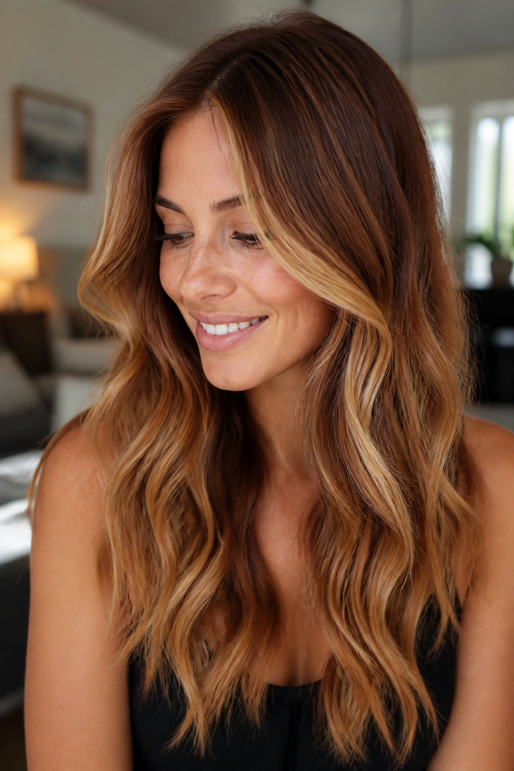 Portrait of a real woman with auburn brown base and honey blonde balayage on long waves