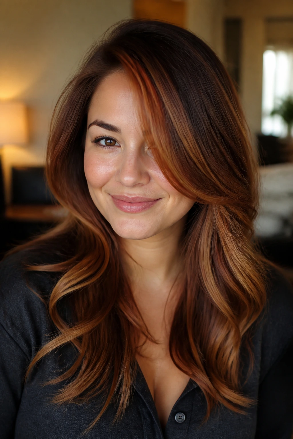Portrait of a real woman with auburn balayage and maple caramel ribbons