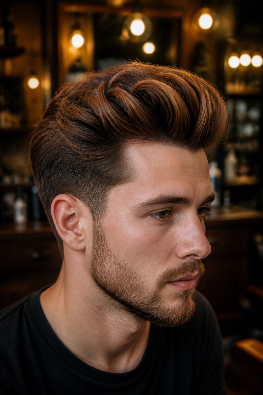 Close-up of a man with auburn balayage pompadour