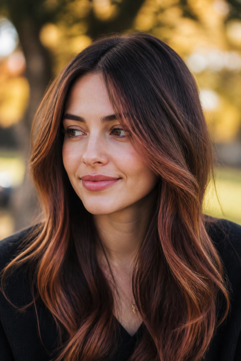 Close-up of auburn balayage face frame with root melt on a real person.
