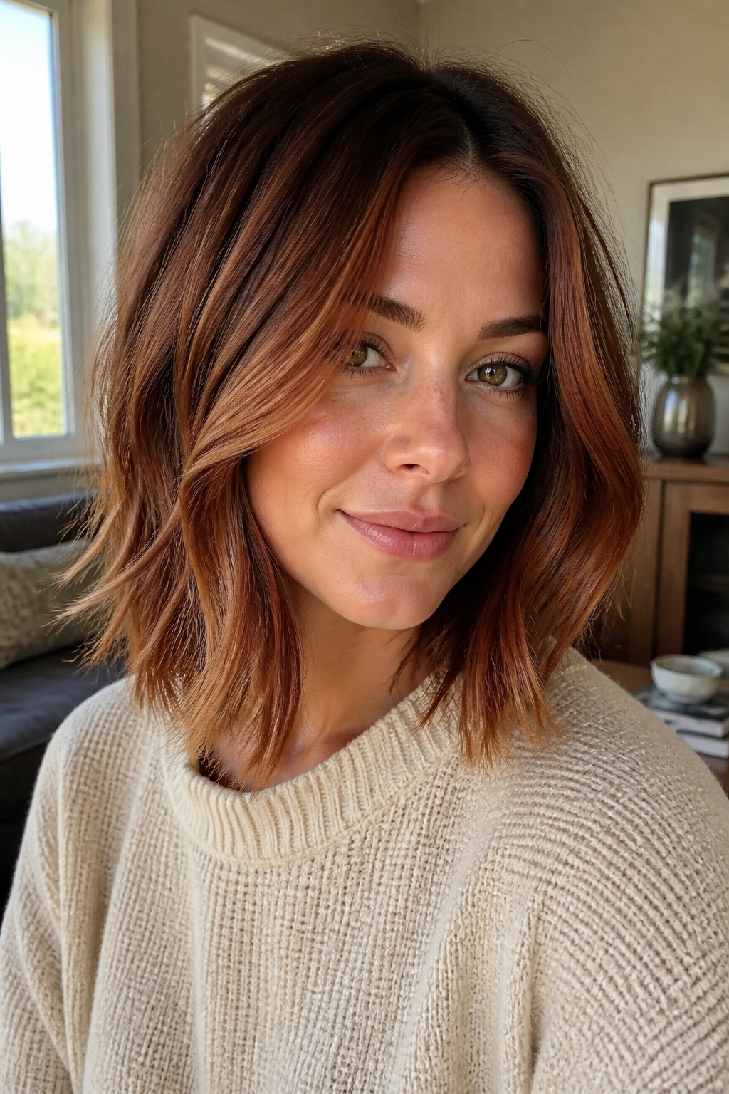 Close-up of a woman with auburn balayage on shoulder-length hair in a softly lit room.