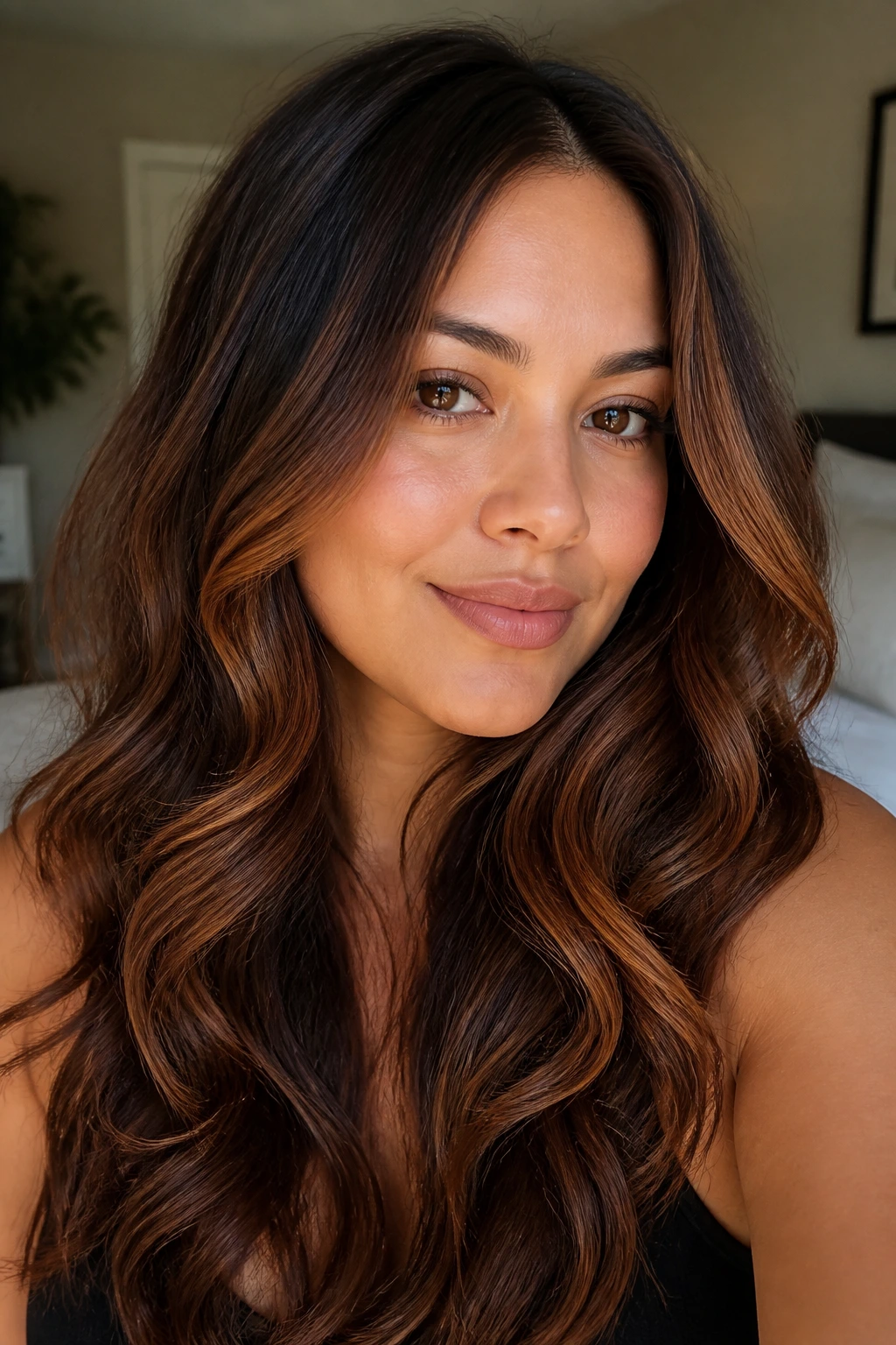 Close-up portrait of a real woman with soft auburn-brown balayage for warm undertones