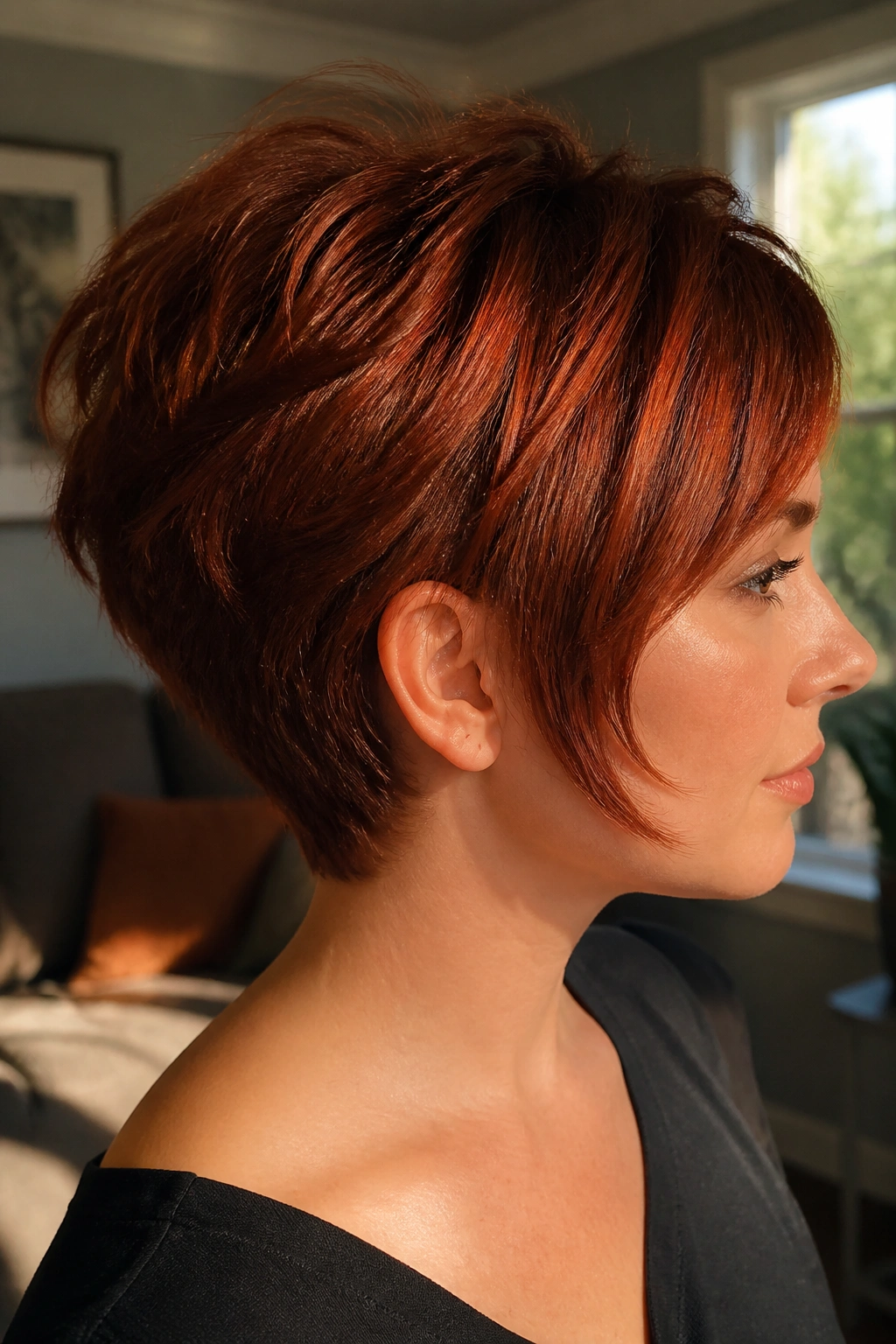 Close-up of a real person with auburn bixie cut and tapered nape showing lifted crown