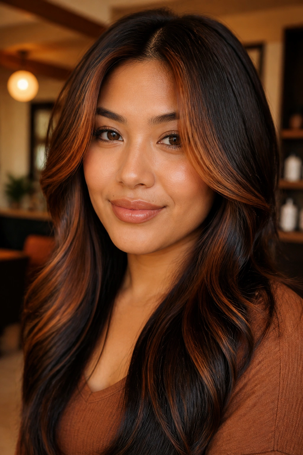 Close-up of auburn and black highlights on warm skin tones