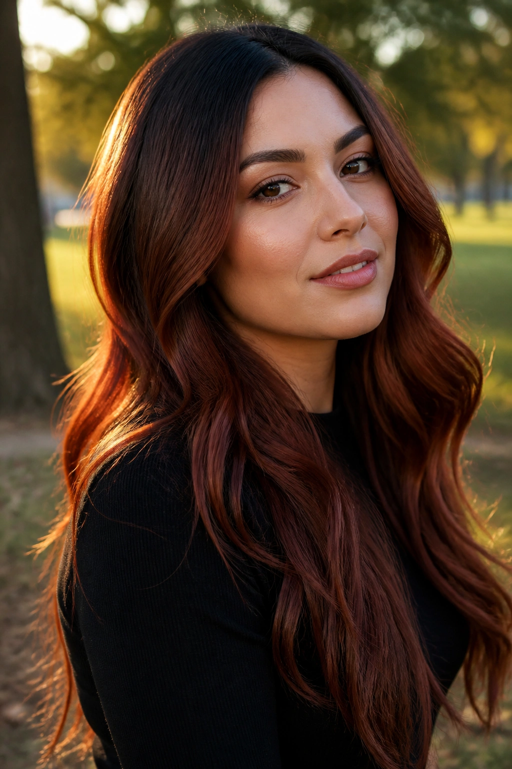 Woman with long waves and auburn-black shadow root in golden hour light