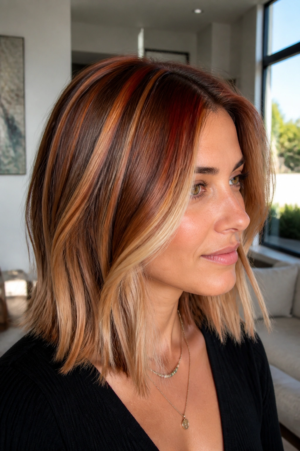Close-up of a real woman with auburn-to-blonde ribbon lights in a lob haircut