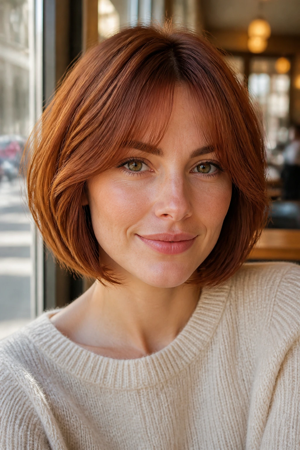 Close-up of a real woman with auburn bob and curtain bangs framing the face