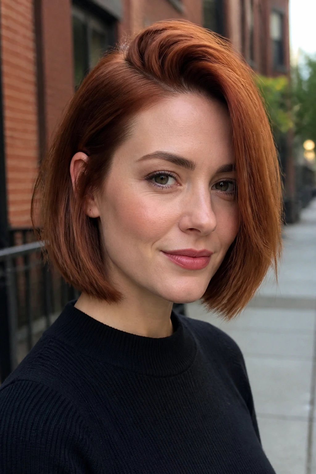 Close-up portrait of a real woman with deep part auburn bob on urban street
