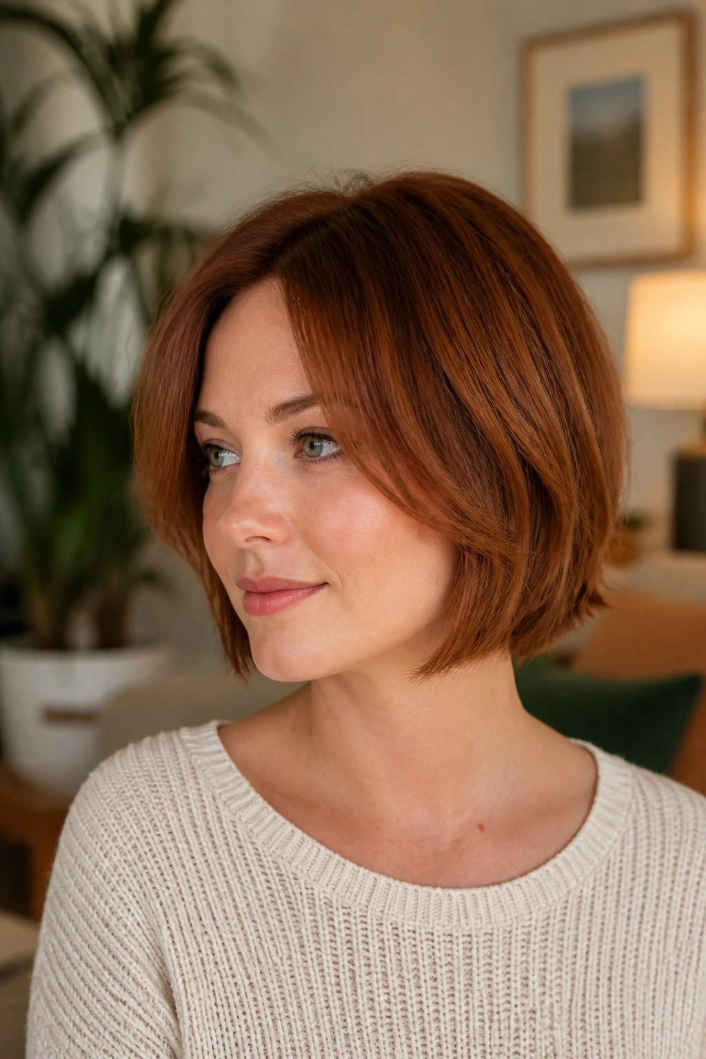 Close-up portrait of a real woman with auburn bob and face-framing layers in a cozy living room
