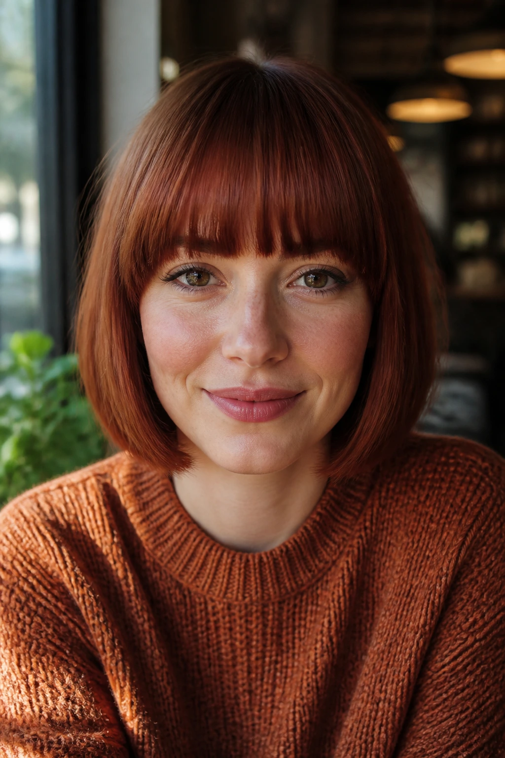 Real woman with a thick blunt fringe auburn bob in soft daylight