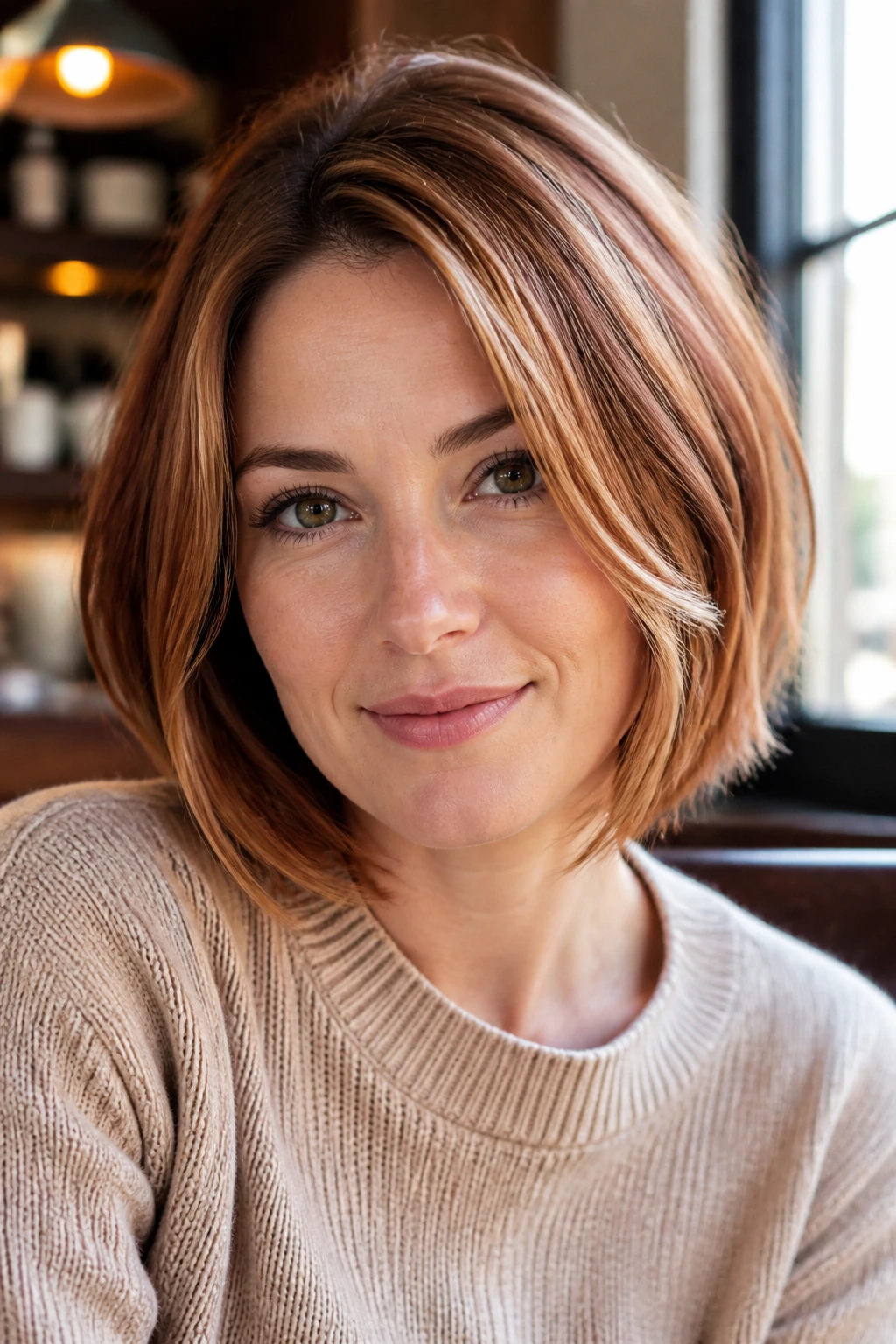 Real woman with auburn bob and strawberry blonde highlights