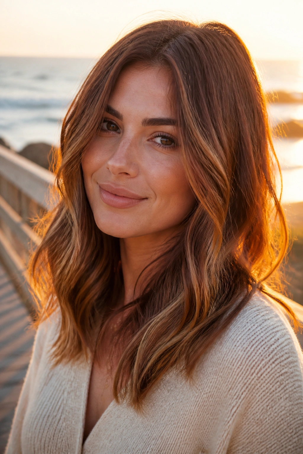 A real woman with auburn bronde hairstyle on a boardwalk at golden hour