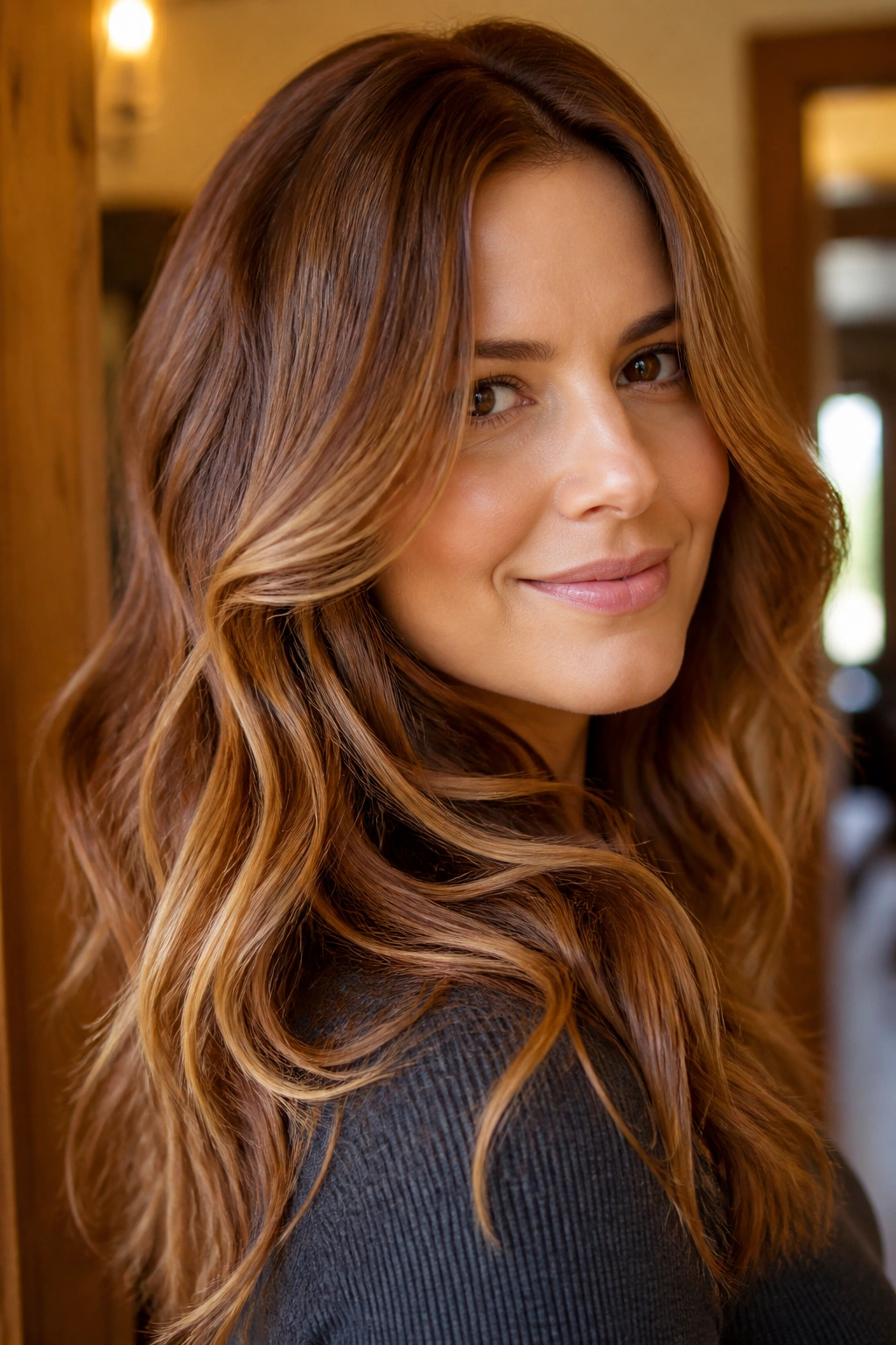 Close-up portrait of a woman with auburn brown base and warm blonde lifts.