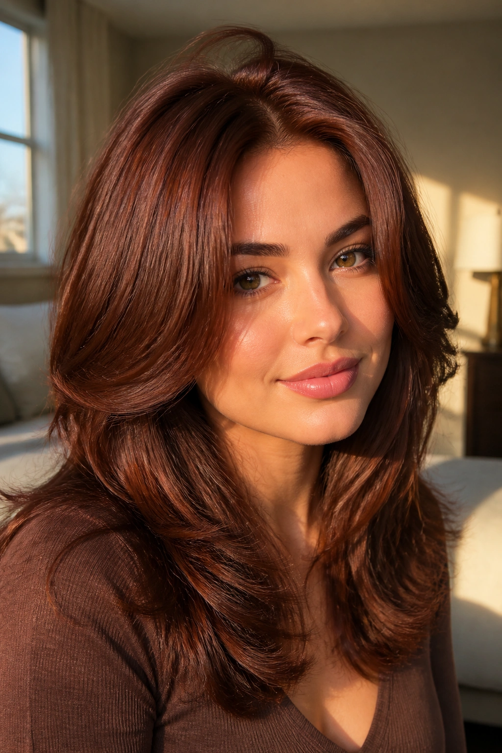 Portrait of real person with deep auburn brown blowout and crown lift