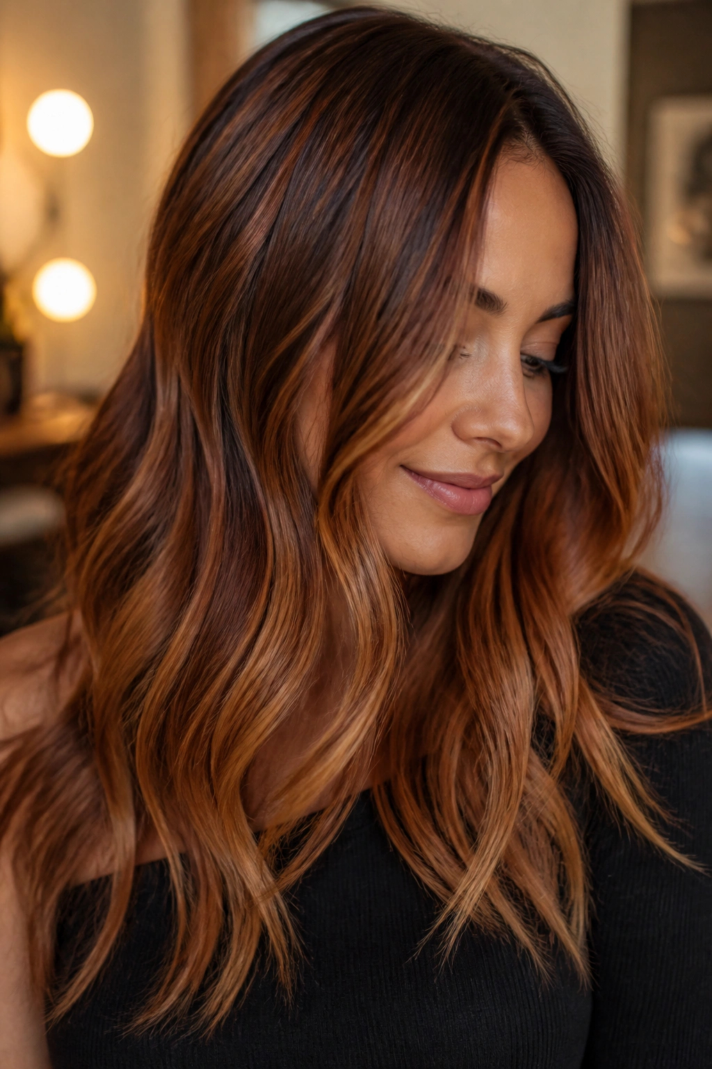 Portrait of auburn-brown hair with caramel warmth