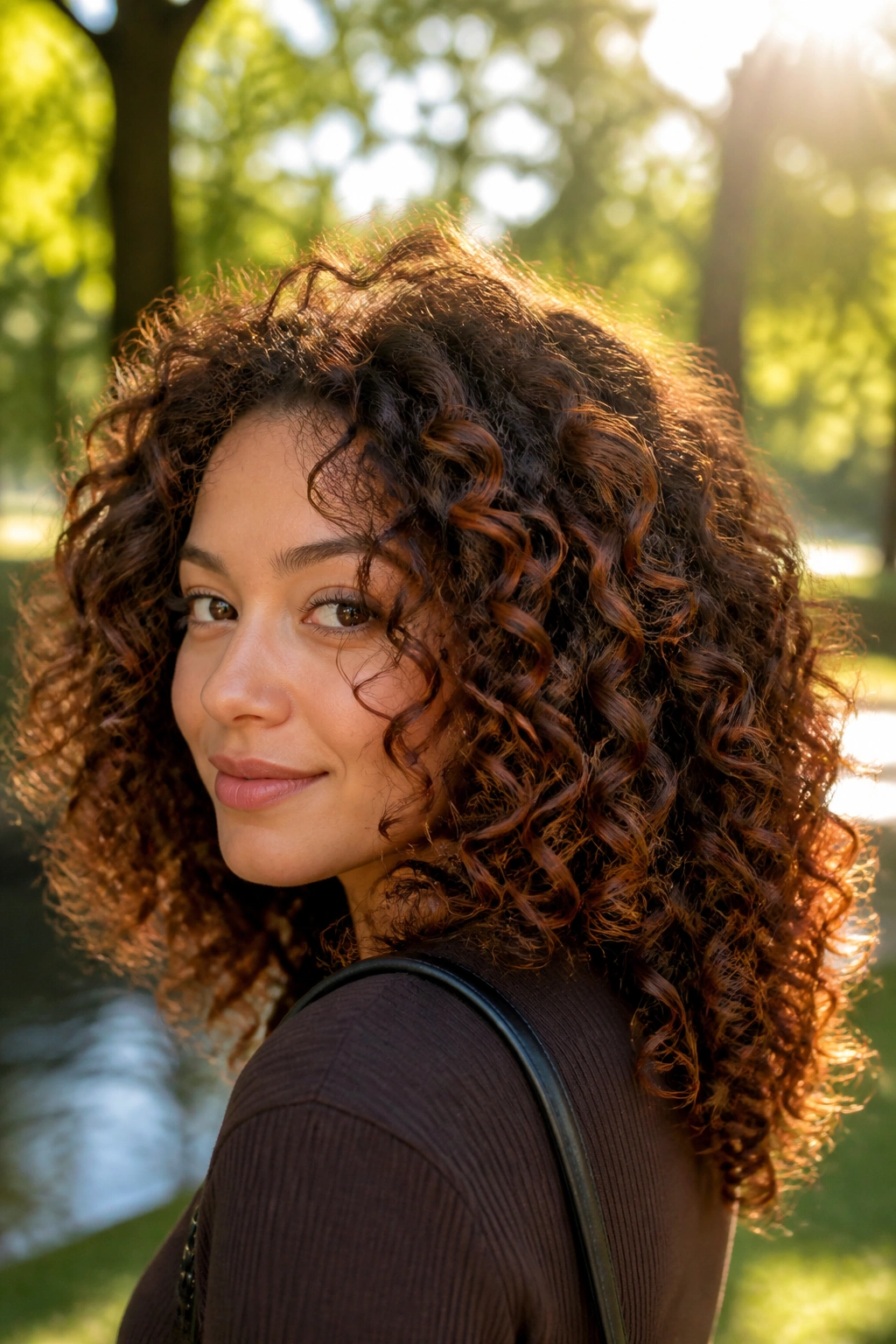 Auburn-brown curly blend on real person with face-framing pieces