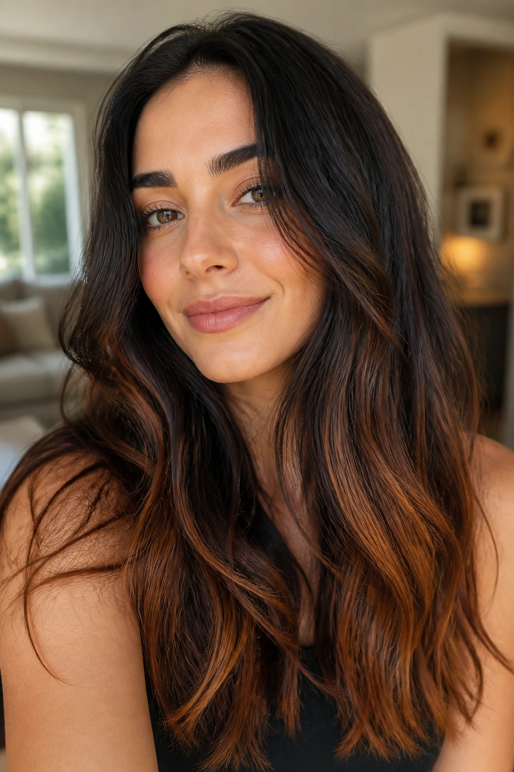 Close-up of brunette with auburn-brown lowlights at the ends
