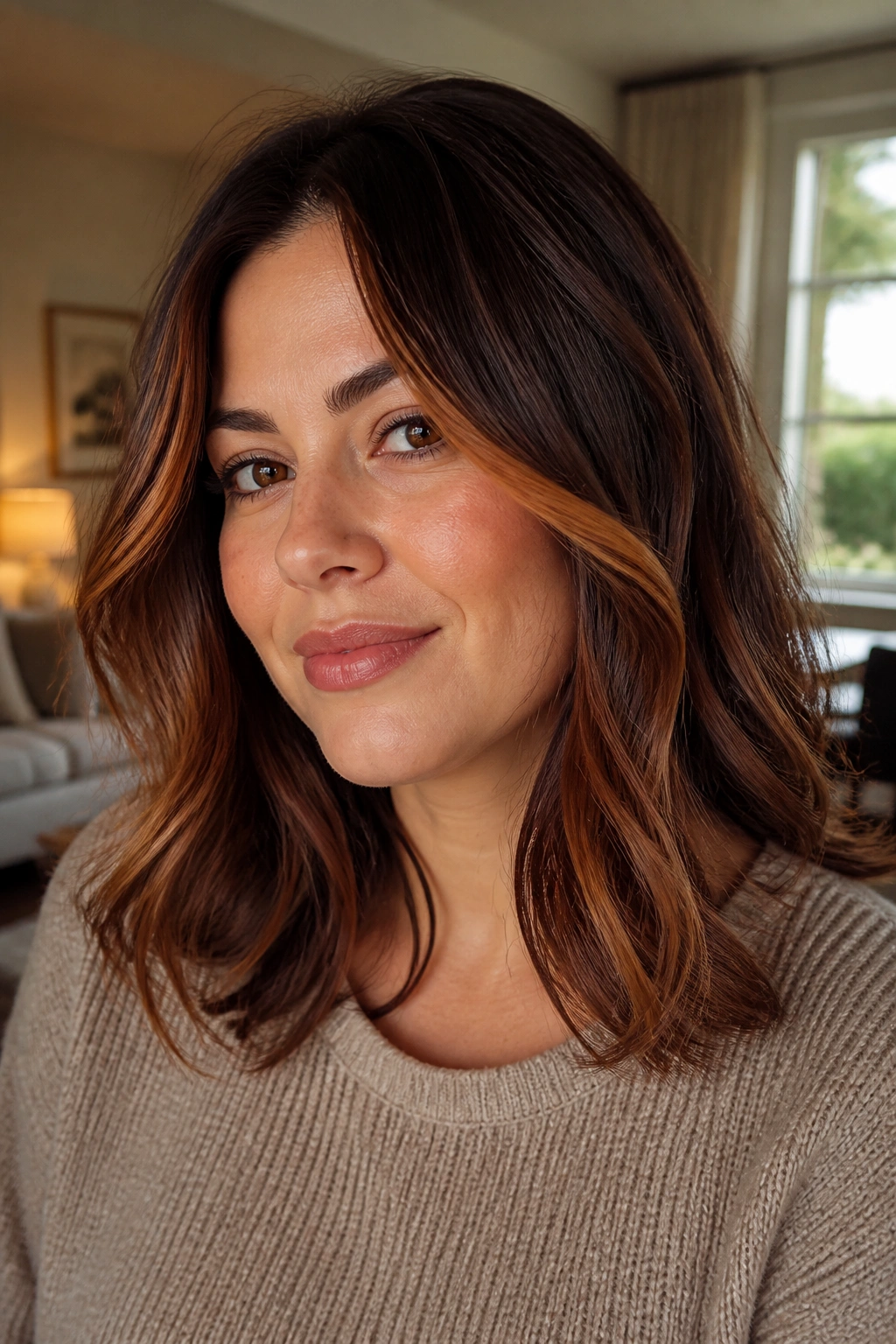 Close-up portrait of a real woman with Auburn-Brown hair and warm face-framing