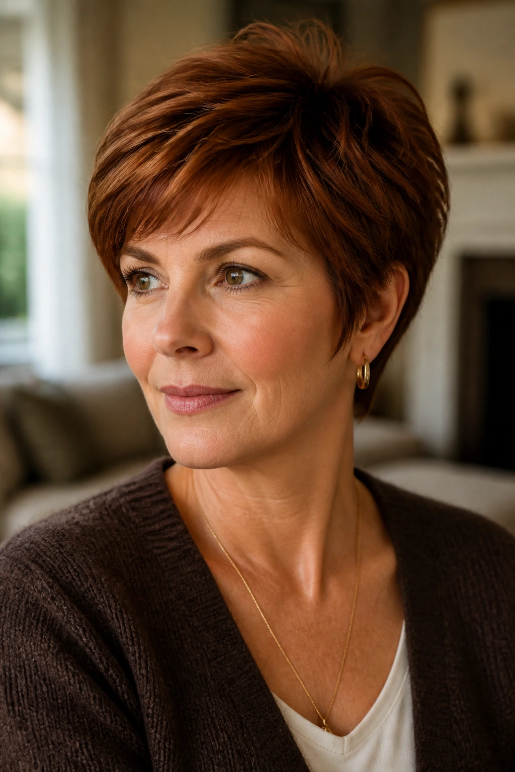 Close-up portrait of a woman with Auburn-Brown Feathered Pixie haircut
