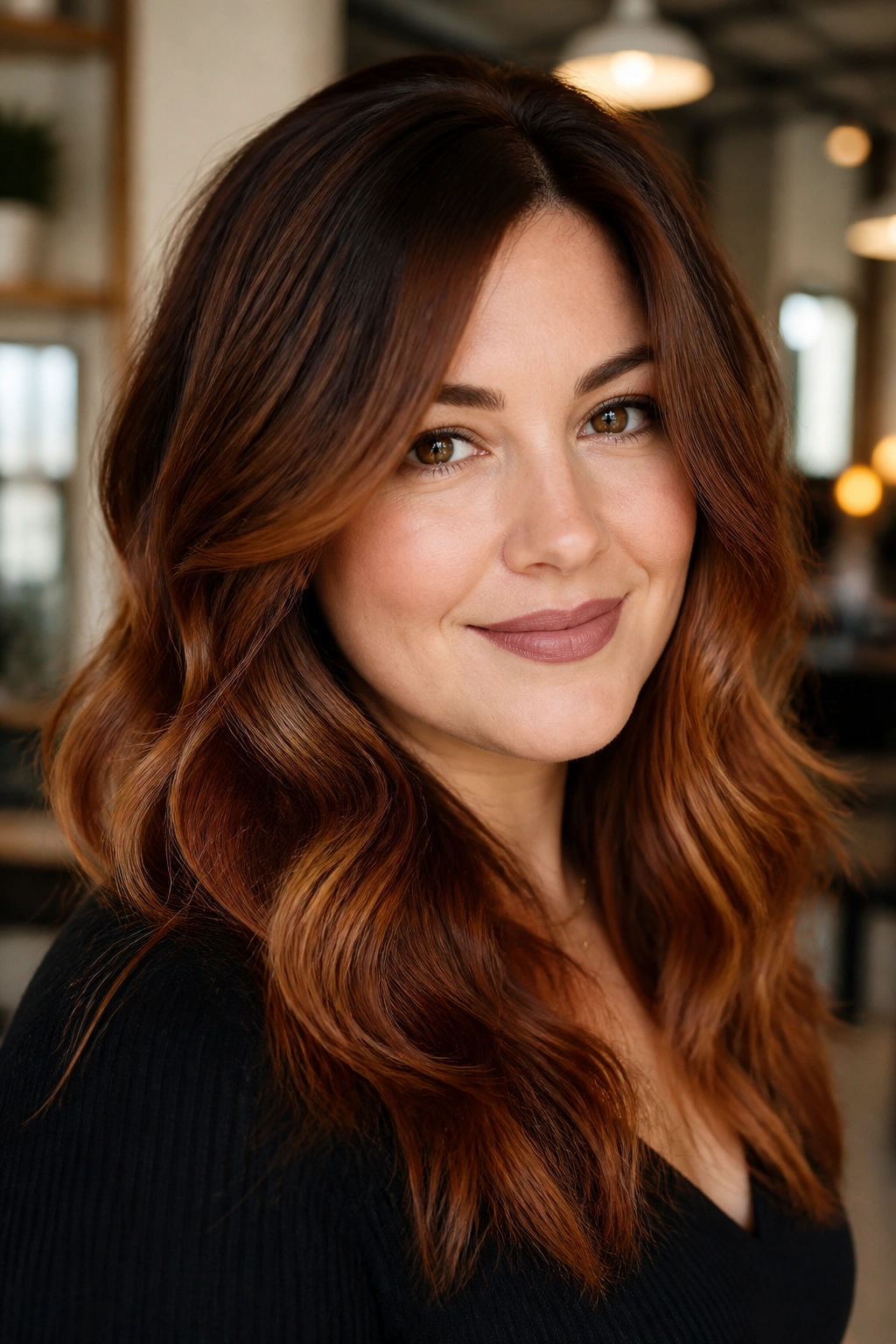 Close-up of a real woman with auburn brown melt hair, dark roots blending to copper ends in warm light