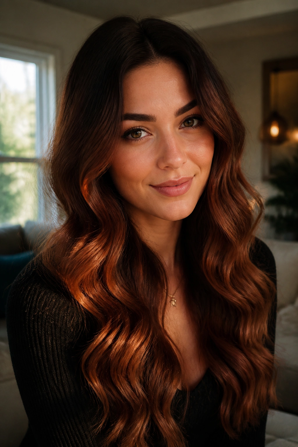 Portrait of a woman with auburn brown ombre and vintage waves
