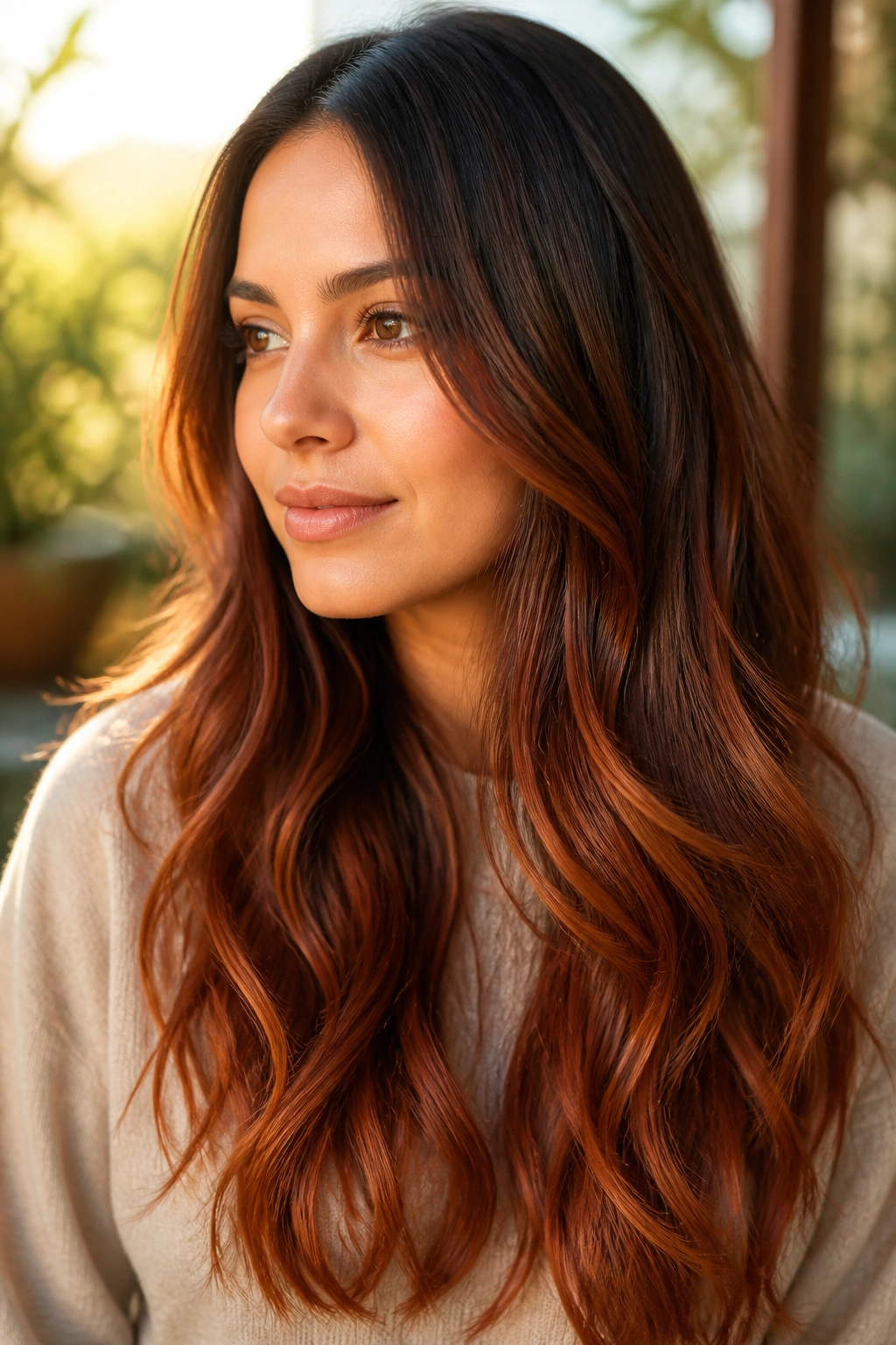 Close-up of a real woman with auburn-brown ombre and warm depth.