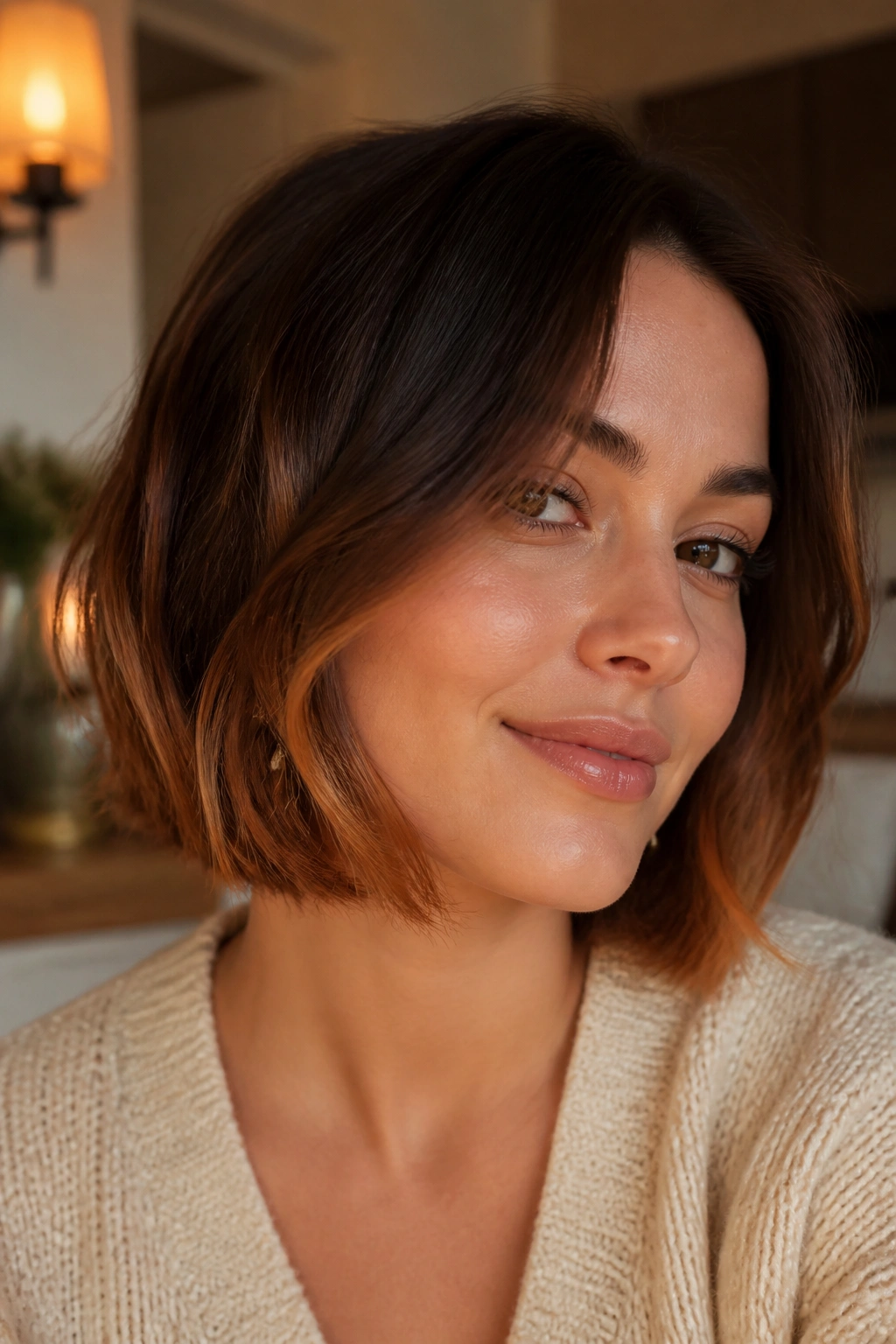 Close-up of a woman with auburn-brown ribbons near the jawline