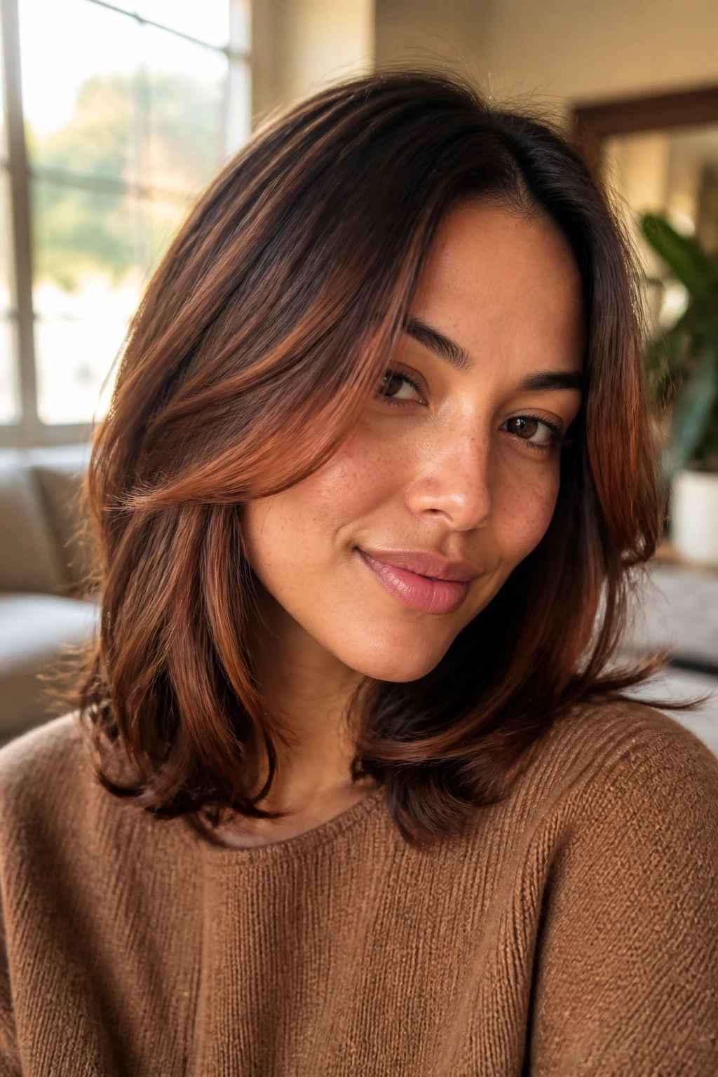 Close-up of a real woman with auburn-brown veil highlights around the face in natural light