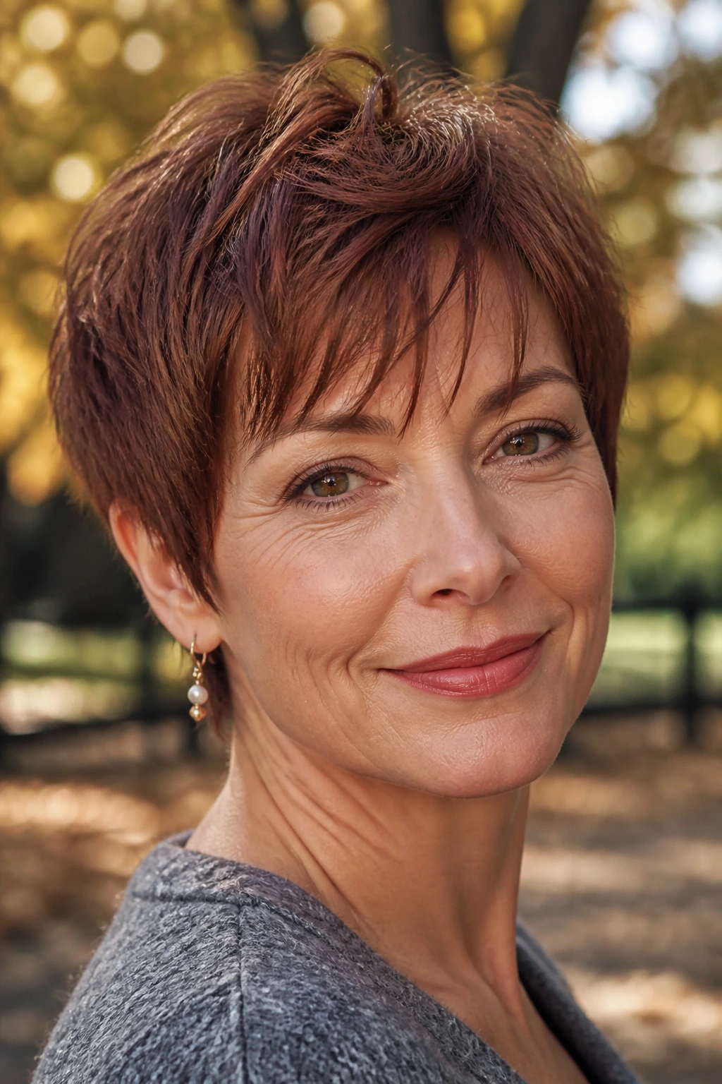 Close-up portrait of a real woman with auburn-brown wispy fringe pixie
