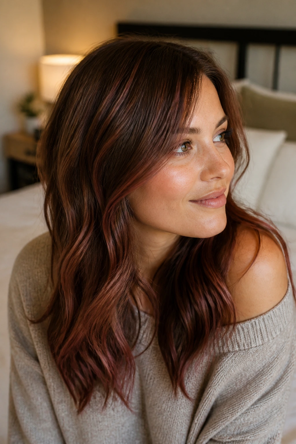 Close-up of light brown hair with Auburn-Burgundy balayage on a real person