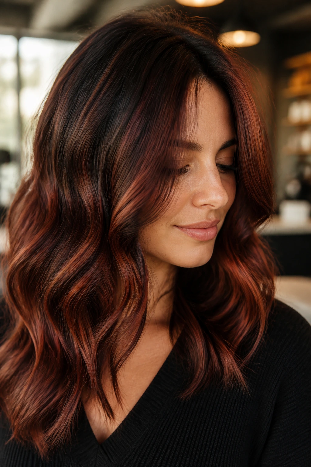 Close-up of a real brunette with auburn-burgundy blend highlighting warmth and depth