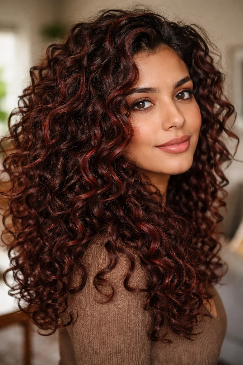 Close-up of a real person with curly hair showing auburn-burgundy ribbon highlights
