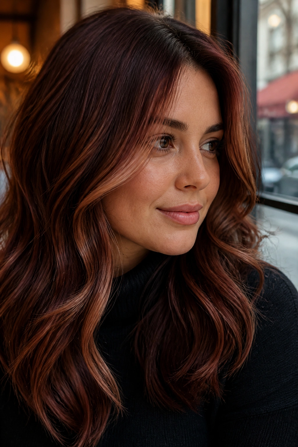 Real woman with auburn-burgundy hair and slim face-framing highlights.