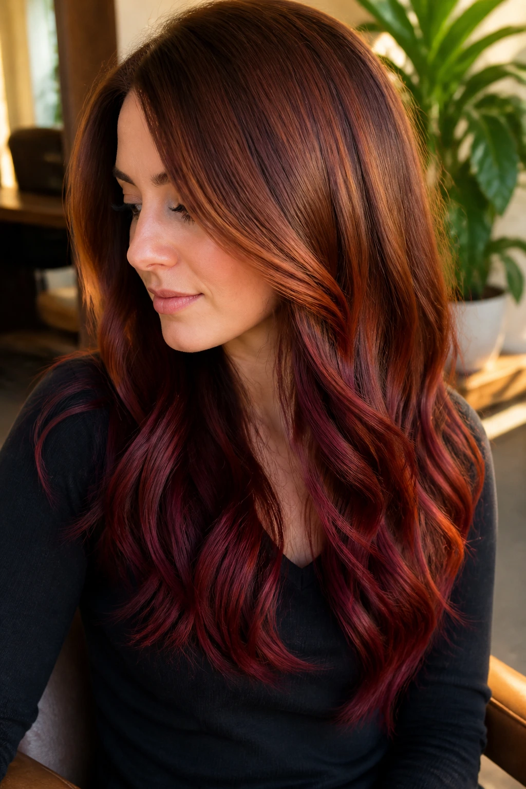 Close-up of a real woman's auburn-to-burgundy ribbon ends hairstyle in a warm sunlit salon