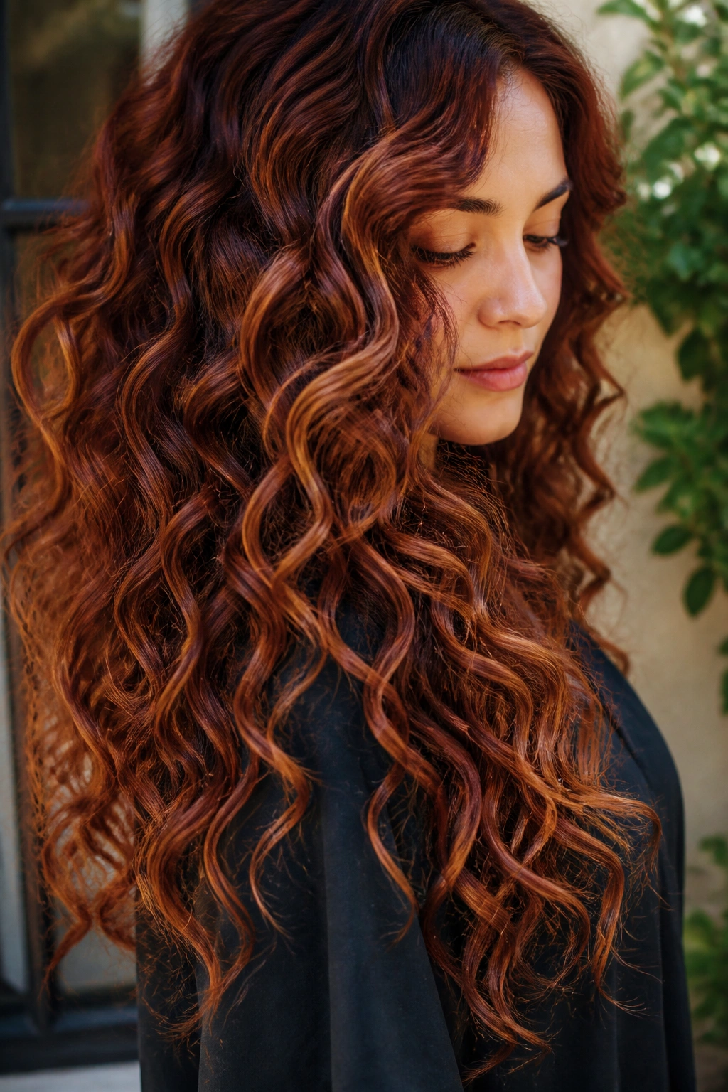 Close-up of long curly hair with auburn and caramel dimension in natural light