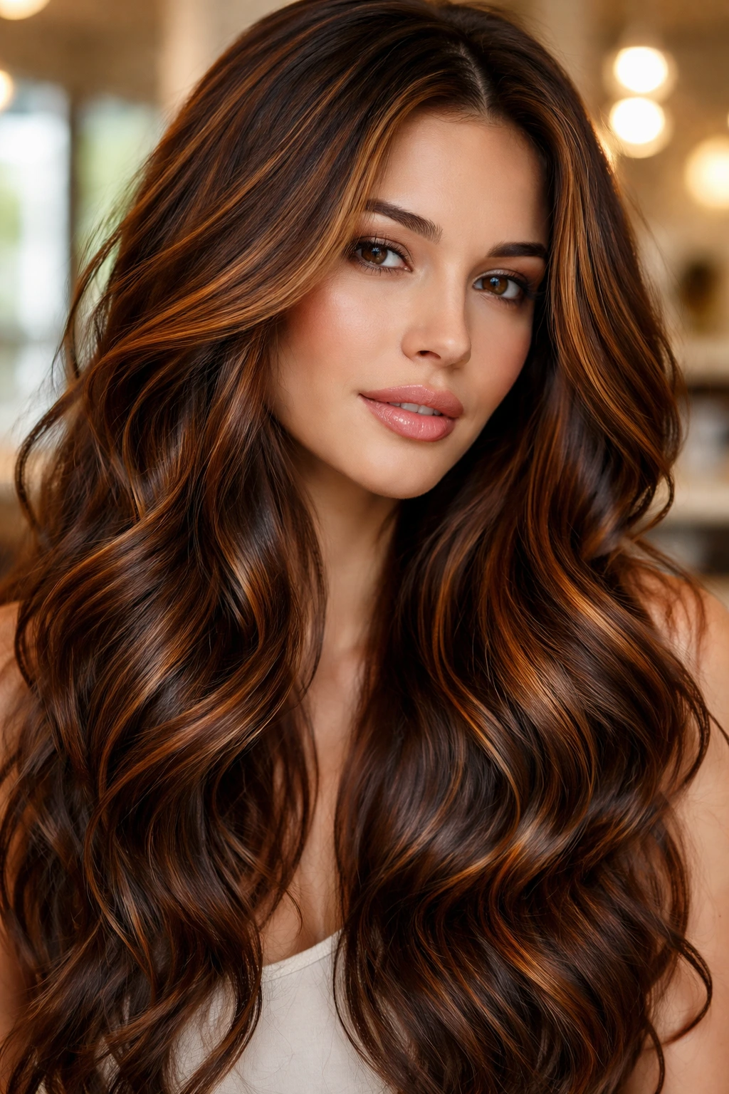 Close-up of a real woman's hair with auburn caramel ribbons in sunlit light