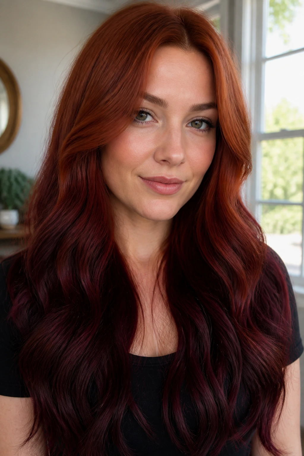 Close-up of long hair from auburn to cherry cola ends on a real person