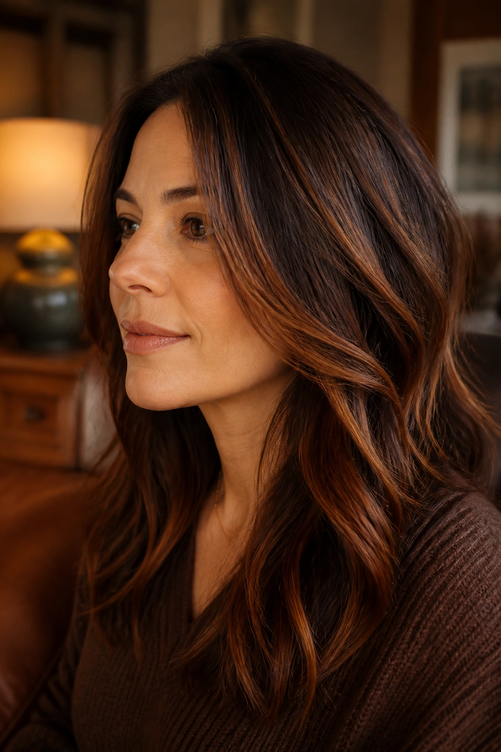 Portrait showing auburn-chestnut accents on brown hair