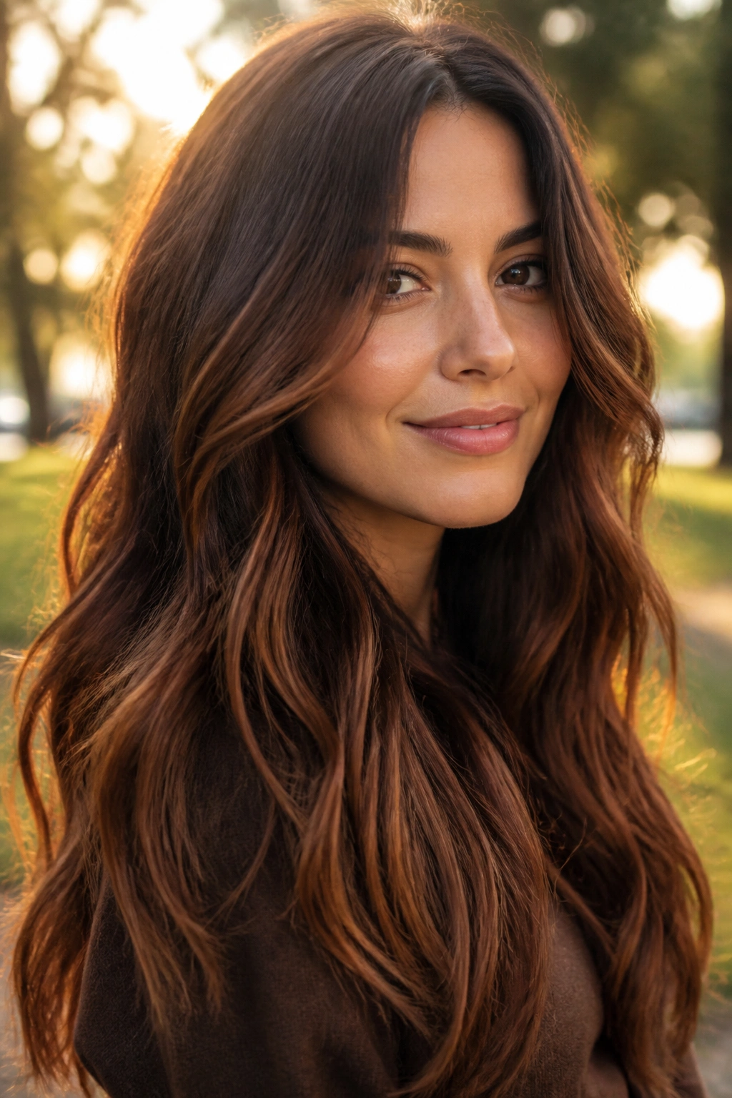 Close-up of a real woman with auburn chocolate ombre and light-catching waves