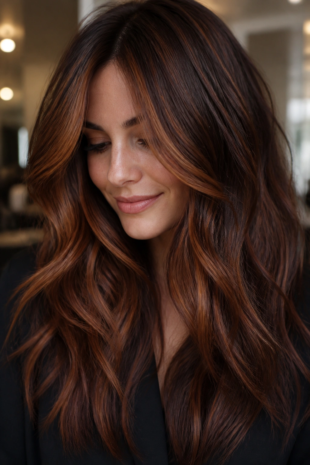 Portrait of brunette with auburn-chocolate fusion ribbons framing the face