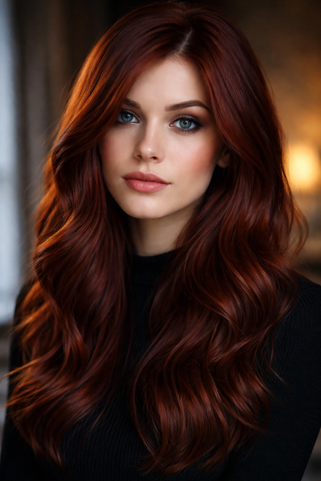 Close-up portrait of a real person with Cinnamon Auburn Fusion hair color, a deep red-brown shade fused with cinnamon.