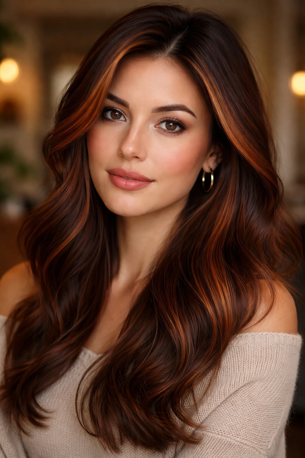 Close-up portrait of a real woman with chestnut root melt and copper face-framing auburn hair