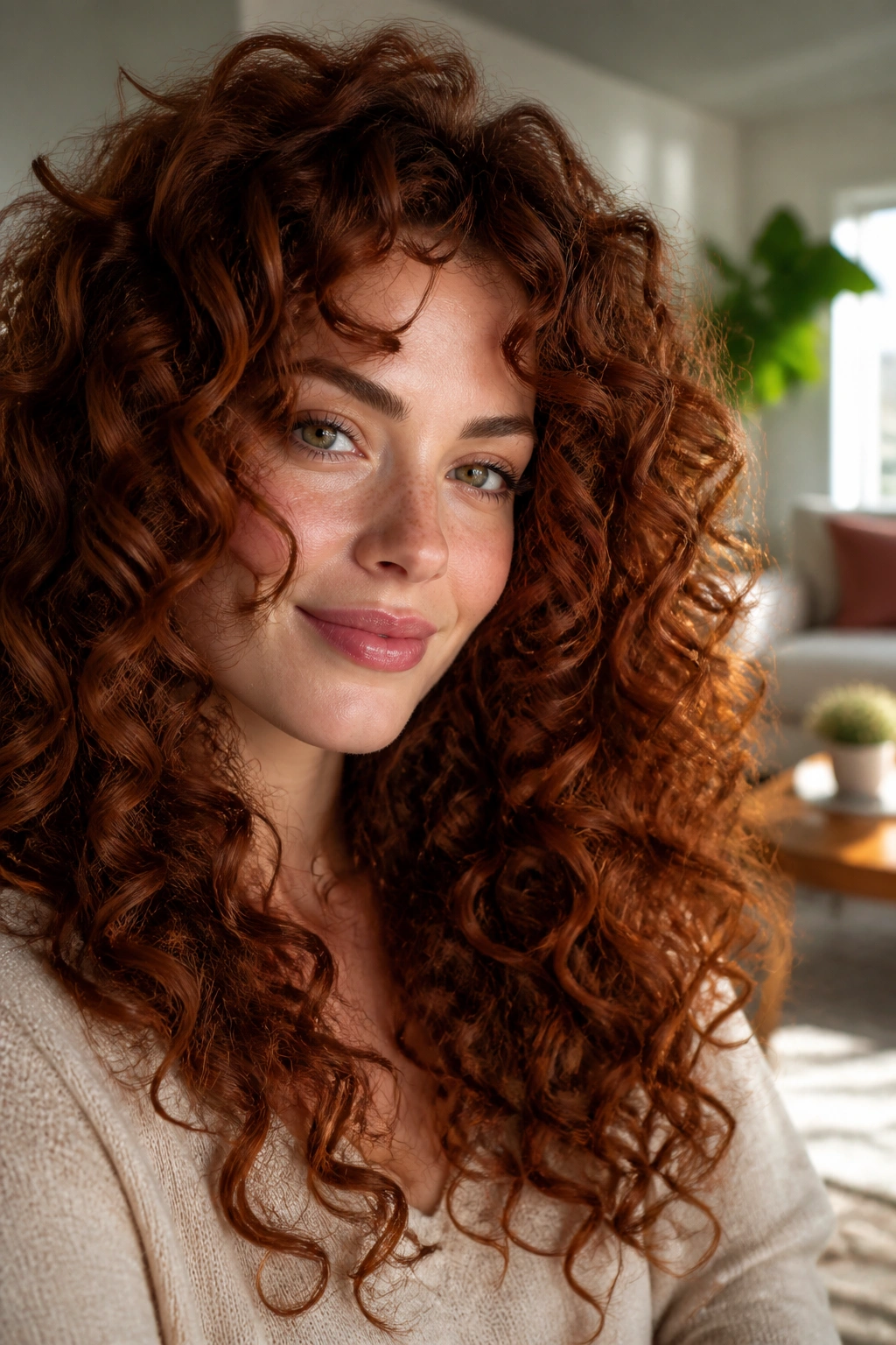 Close-up portrait of a real woman with soft auburn mahogany copper curls