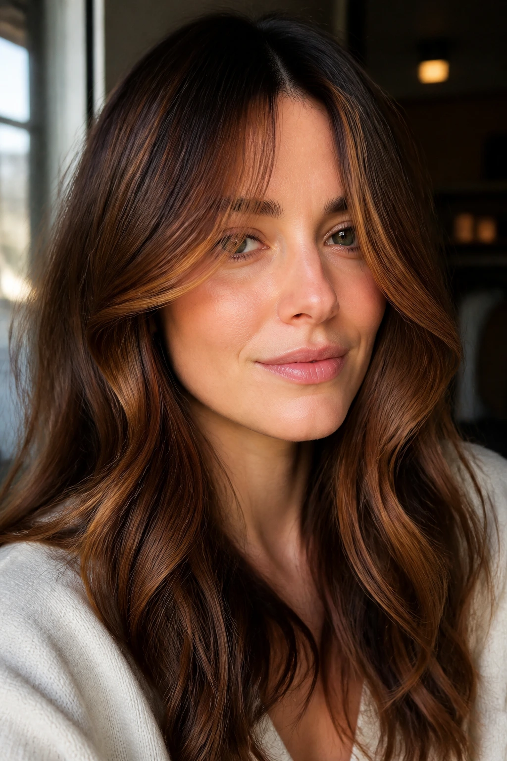 Close-up woman with auburn copper curtain fringe framing the face